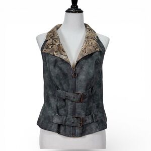 Labelrail x Holly Marston Faux Leather Moto Vest Snakeskin Collar Buckle Zip 8